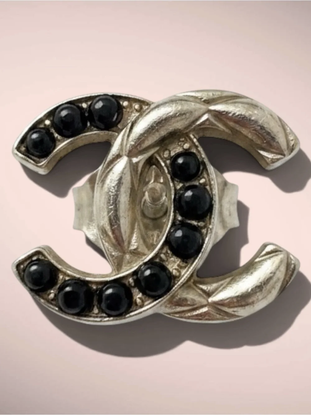 Silver-Tone Black Upcycled CC Button Crystal Logo